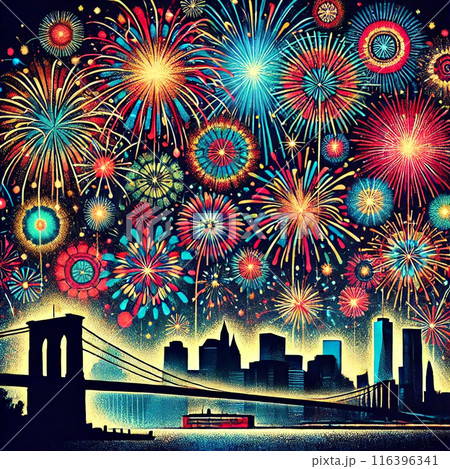 色鮮やかな花火が夜空を彩る都市景観。 116396341