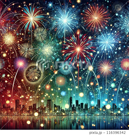 色鮮やかな花火が夜空を彩る都市景観。 116396342