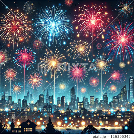 色鮮やかな花火が夜空を彩る都市景観。 116396343