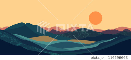 Abstract mountain landscape background, Nature wall decor, art print, minimalist panorama hill, adventure and travel view design. Vector illustration Abstract mountain landscape background, Nature wall decor, art print, minimalist panorama hill, adventure and travel view design. Vector illustration 116396668