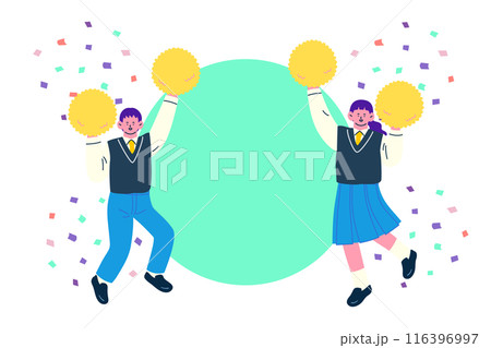 ポンポンを持ってジャンプし応援する制服姿の女子学生と男子学生の背景素材イラスト ポンポンを持ってジャンプし応援する制服姿の女子学生と男子学生の背景素材イラスト 116396997