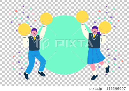 ポンポンを持ってジャンプし応援する制服姿の女子学生と男子学生の背景素材イラスト ポンポンを持ってジャンプし応援する制服姿の女子学生と男子学生の背景素材イラスト 116396997
