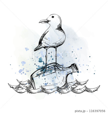 A sea gull on a bottle floats on the waves. Illustration hand-drawn in graphics. EPS vector. Isolated composition on a white background With watercolor spots blue 116397056