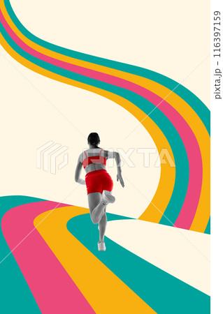 Dynamic image of female runner in motion on vibrant, curving tracks, symbolizing motion, progress, and vibrant energy of athletics. Abstract design. Dynamic image of female runner in motion on vibrant, curving tracks, symbolizing motion, progress, and vibrant energy of athletics. Abstract design. 116397159