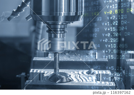 The abstract scene the rough cutting process on CNC milling machine and the G-code data background. 116397162
