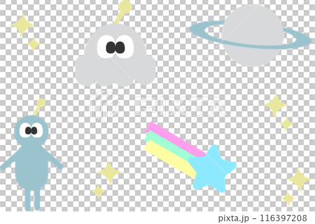 Cute face alien, spaceship, space and stars illustrations Cute face alien, spaceship, space and stars illustrations 116397208