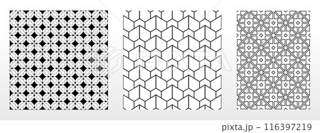 Geometric set of seamless black and white patterns. Simple vector graphics. 116397219