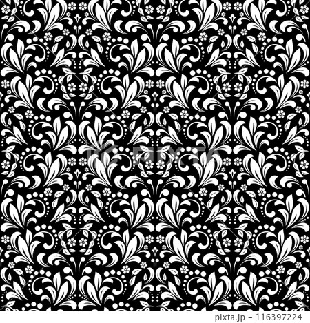 Wallpaper in the style of Baroque. Seamless vector background. White and black floral ornament. Graphic pattern for fabric, wallpaper, packaging. Ornate Damask flower ornament. 116397224