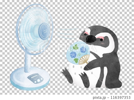 Penguins cooling off with electric fans and hand fans Penguins cooling off with electric fans and hand fans 116397353