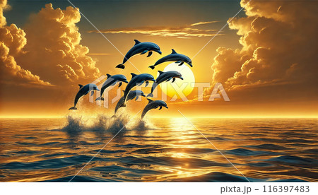 夕日に飛び跳ねるイルカたち 116397483