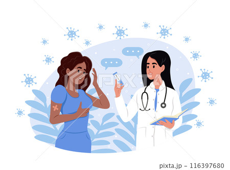 A young woman receives a seasonal flu vaccine. Vaccination, immunization and disease prevention. The doctor vaccinates the patient 116397680