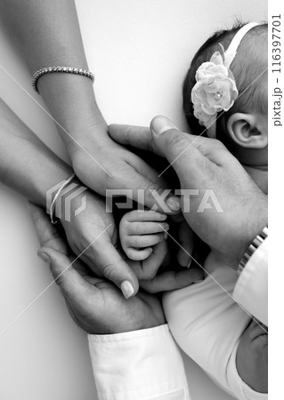 Small hand of a newborn baby with tiny fingers, head, nose and ear of a newborn. Palm hand of parents, father and mother of a newborn. Studio macro black and white photography. Small hand of a newborn baby with tiny fingers, head, nose and ear of a newborn. Palm hand of parents, father and mother of a newborn. Studio macro black and white photography. 116397701