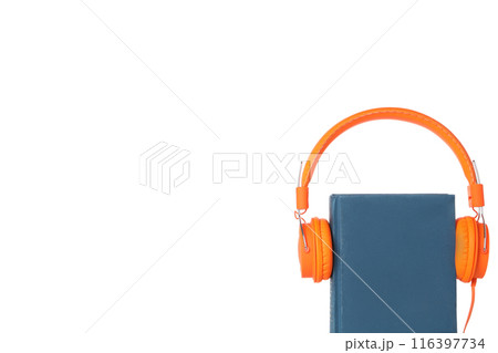 PNG, Book with modern headphones, isolated on white background. PNG, Book with modern headphones, isolated on white background. 116397734