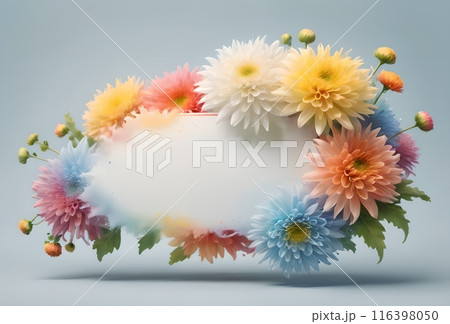 yellow Chrysanthemum flowers and blank label for text, isolated on a light blue background 116398050
