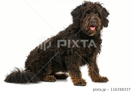 A watchful Barbet dog stands with a keen look, its curly brown fur framing its sharp eyes on a white background. 116398337