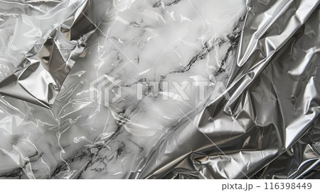 Crumpled Reflective Aluminum Foil on Marble Surface Textures 116398449
