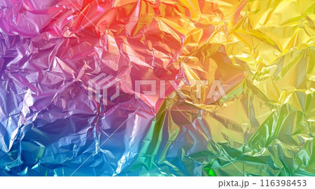 Colorful Crumpled Aluminum Foil Background in Rainbow Gradient 116398453