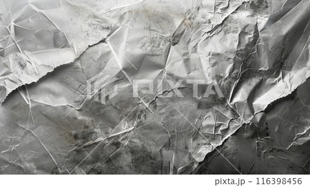 Crumpled Silver Foil Texture with Metallic Creases and Wrinkles for Abstract Background 116398456