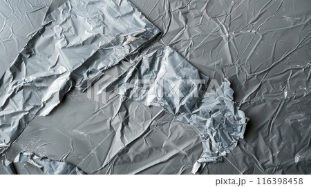 Crinkled Aluminum Foil Textures. Abstract Background with Silver Metallic Wrinkles 116398458
