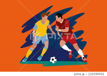 Multi-color illustration of a football game. A bright and dynamic little guy who plays football players and hits the ball. Football tournament concept. Flat illustration for visualization. Multi-color illustration of a football game. A bright and dynamic little guy who plays football players and hits the ball. Football tournament concept. Flat illustration for visualization. 116398502