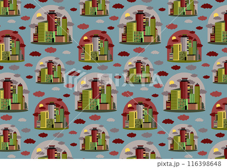 Vector seamless pattern of cityscape in flat style on blue background. Cartoon high-rise buildings in a flask in pastel colors. A versatile texture for the design and printing of wrapping paper, etc. 116398648