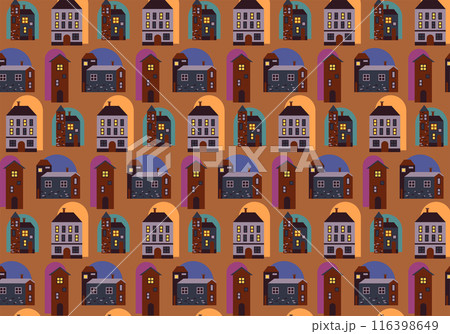 Vector seamless pattern of cottages and high-rise buildings in flat style on brown backgroud. Cartoon doll house in bright colors. A versatile texture for the design and printing of wrapping paper. Vector seamless pattern of cottages and high-rise buildings in flat style on brown backgroud. Cartoon doll house in bright colors. A versatile texture for the design and printing of wrapping paper. 116398649
