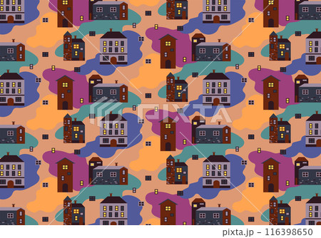 Vector seamless pattern of cottages and high-rise buildings in flat style. Colorful cartoon doll house in bright colors. A versatile texture for the design and printing of wrapping paper, packaging. 116398650