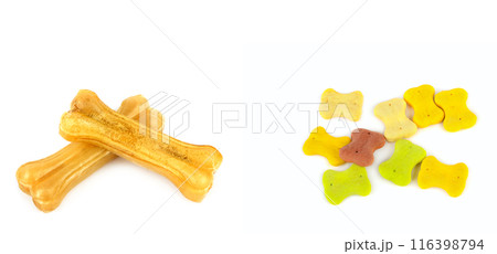 Dry food, dog biscuits and chewing bone isolated on white. There is free space for text. Collage. Wide photo. Dry food, dog biscuits and chewing bone isolated on white. There is free space for text. Collage. Wide photo. 116398794