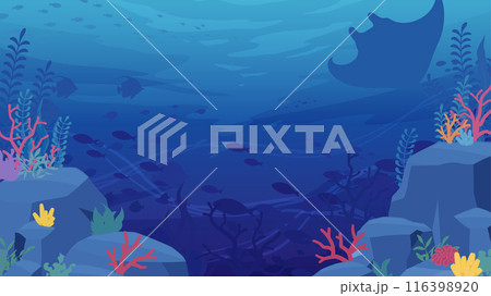 岩と珊瑚がある深海に魚影が見える背景イラスト_16:9 岩と珊瑚がある深海に魚影が見える背景イラスト_16:9 116398920