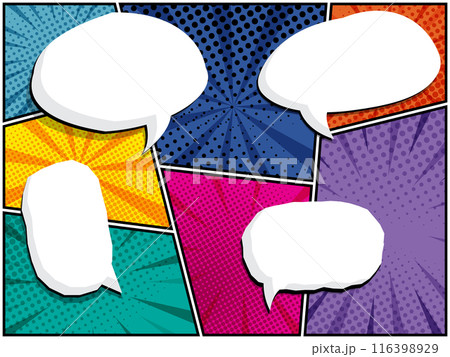 horizontal comic speech bubbles in white clouds on a vibrant pop art background horizontal comic speech bubbles in white clouds on a vibrant pop art background 116398929