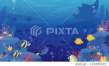 岩と珊瑚がある海底を熱帯魚が泳ぐ背景イラスト_16:9 116399105