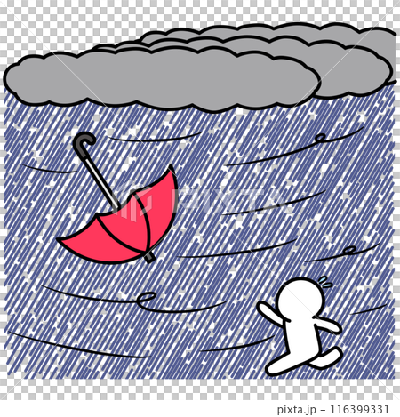 風で飛ばされた傘を追いかける人物のイラスト 116399331