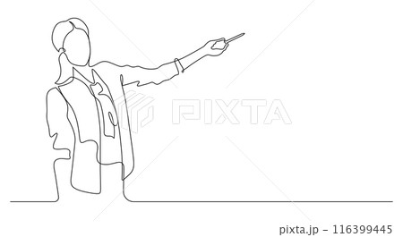 continuous line drawing of woman presenting or teaching continuous line drawing of woman presenting or teaching 116399445