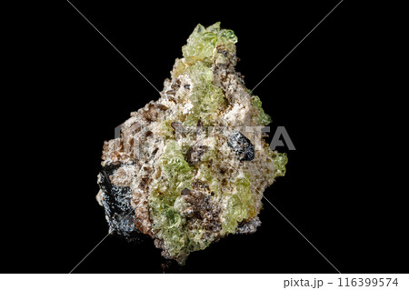 Macro stone Hyalite mineral, tourmaline Sherl, smoky quartz on a black background 116399574