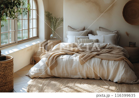 Cozy beige bedroom with a white bed, pillows, potted plant near window 116399635