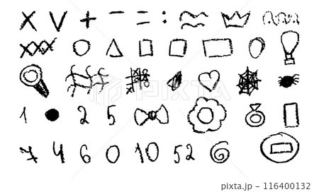 Doodles with the texture of wax chalk. Set elements imitating child drawing. Numbers triangles geometric shapes. Doodles abstract shapes. Vector illustration. Doodles with the texture of wax chalk. Set elements imitating child drawing. Numbers triangles geometric shapes. Doodles abstract shapes. Vector illustration. 116400132