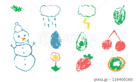 Doodles with the texture of wax chalk. Set elements imitating child drawing. Snowman berries clouds. Doodles abstract shapes. Vector illustration. 116400160