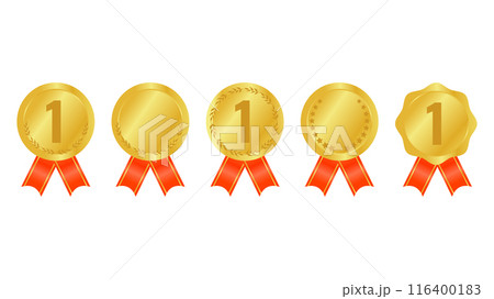 Award medal ribbon crown rank design elements. Set different golden shapes. Red ribbon with gold stripes. For presentations of projects and website advertising. Vector illustration. 116400183
