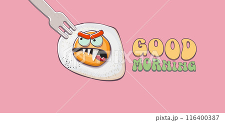 Good morning quote with cute egg character and groovy retro text isolated on pink background. Vector good morning funny slogan and morning cute fried egg. Banner, poster, cafe menu design template 116400387