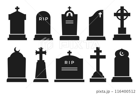 Gravestone and tombstone silhouettes. Tomb stone and headstone. Cemetery graves with Christian ringed crosses and Islam crescent, graveyard pedestals isolated vector silhouettes set 116400512