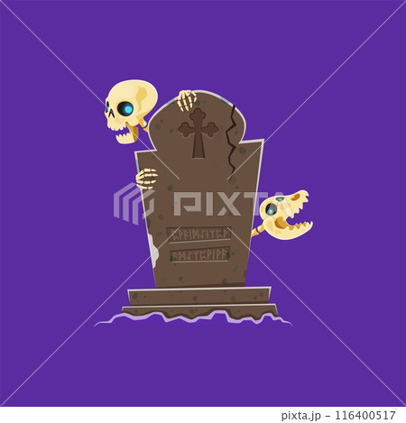Cartoon halloween scary characters human skeleton and its loyal dog skeleton emerge from the old cracked tombstone on graveyard. Vector creepy scene with terrifying personages at haunting grave stone Cartoon halloween scary characters human skeleton and its loyal dog skeleton emerge from the old cracked tombstone on graveyard. Vector creepy scene with terrifying personages at haunting grave stone 116400517