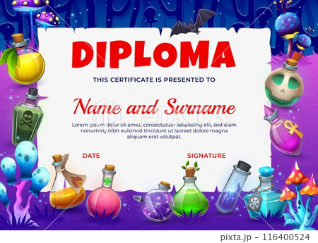 Witch diploma with Halloween magic potion bottles in fairytale forest, vector certificate. Education diploma or graduation award with cartoon witch poison in glass bottles or spell elixir in vials Witch diploma with Halloween magic potion bottles in fairytale forest, vector certificate. Education diploma or graduation award with cartoon witch poison in glass bottles or spell elixir in vials 116400524