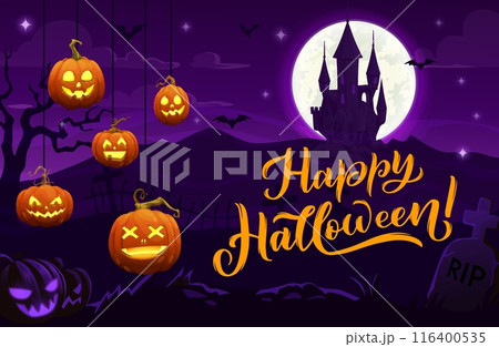 Halloween pumpkins and cemetery landscape. Vector background with moon illuminate an eerie castle, casting flickering shadows on weathered tombstones. reveals a haunting mystery and frightful delight 116400535