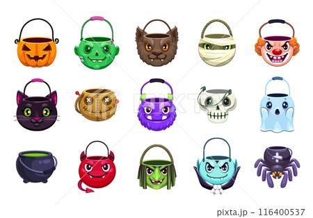 Halloween sweets bucket, bags and baskets for trick or treat candies isolated vector set. Zombie, vampire, pumpkin, ghost, devil, pot and black cat with skull or witch, mummy, clown or werewolf faces 116400537