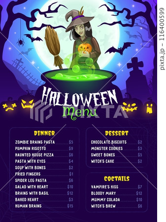 Halloween scary witch menu. October event, fall season scary party or Halloween creepy celebration restaurant or cafe menu vector placard with witch character, potion in cauldron and pumpkin lanterns Halloween scary witch menu. October event, fall season scary party or Halloween creepy celebration restaurant or cafe menu vector placard with witch character, potion in cauldron and pumpkin lanterns 116400599