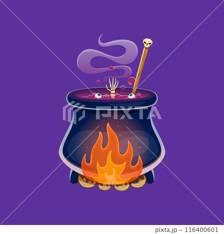 Cartoon Halloween cauldron with witch potion. Vector magic pot with boiling brew, skeleton arm and floating eyeballs in steaming goo. Isolated kettle with poison for evil wizard, sorceress or mage 116400601