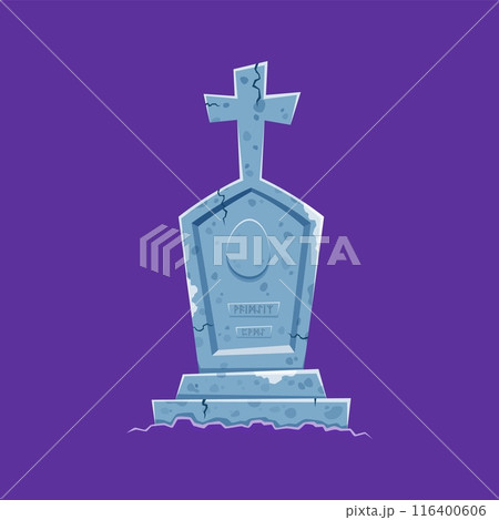 Cartoon gravestone with cross. Isolated vector Halloween tombstone, with mysterious runes inscription. Weathered marking a final resting place. Monument on the grave, old tomb stone with cracks 116400606