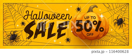 Halloween sale banner with pumpkin, cobweb and spiders. Vector promo background or coupon for autumn holiday discount offer. Advertisement card with creepy and eerie arachnids crawling on spiderwebs Halloween sale banner with pumpkin, cobweb and spiders. Vector promo background or coupon for autumn holiday discount offer. Advertisement card with creepy and eerie arachnids crawling on spiderwebs 116400628