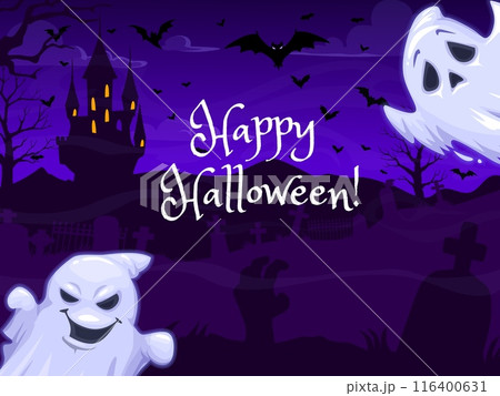 Halloween ghosts, dark castle, cemetery silhouette and flock of bats against the night sky. Vector banner or greeting card features mischievous, translucent spooks hovering over a spooky landscape Halloween ghosts, dark castle, cemetery silhouette and flock of bats against the night sky. Vector banner or greeting card features mischievous, translucent spooks hovering over a spooky landscape 116400631