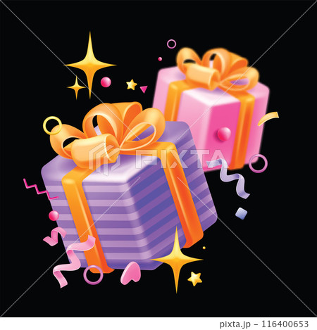 3D gift box icon, vector holiday present, online shopping sale gift, purple wrapping, ribbon, bow.  116400653